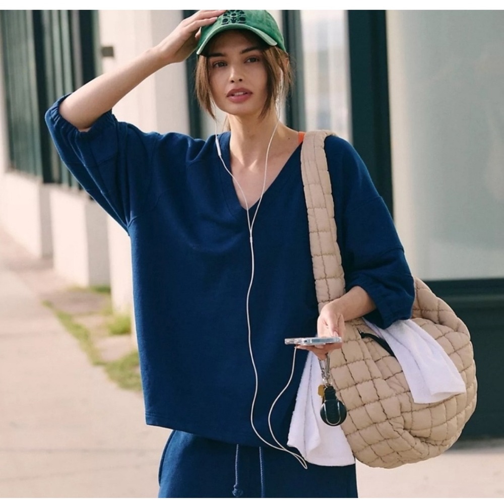 Free People Navy V-Neck Pullover Sweatshirt